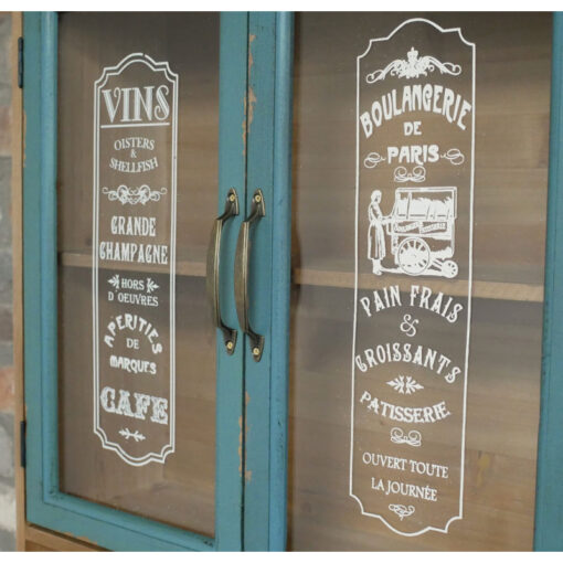 Boho Rustic Kitchen French Case Style 2 Glass Door 1 Open Shelf Multi Drawer Light Blue Green Solid Fir Wood Apothecary Wall Shelving Unit 88cm