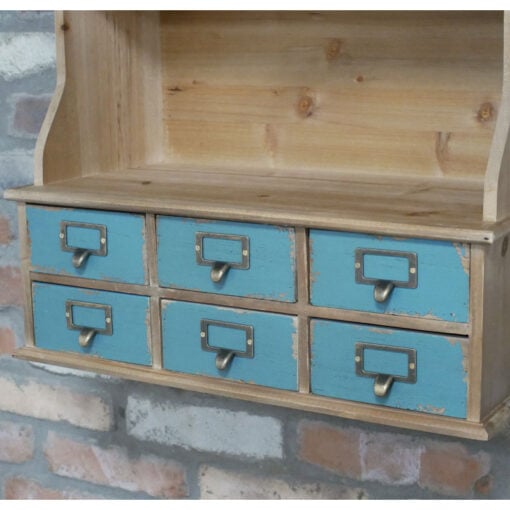 Boho Rustic Kitchen French Case Style 2 Glass Door 1 Open Shelf Multi Drawer Light Blue Green Solid Fir Wood Apothecary Wall Shelving Unit 88cm