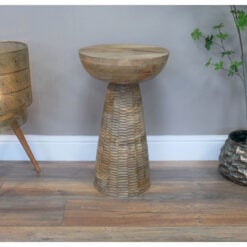Boho Rustic Light Solid Mango Wood Abstract Sculptural Carved Round Mushroom Shaped Side End Table 56cm