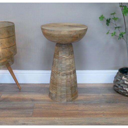 Boho Rustic Light Solid Mango Wood Abstract Sculptural Carved Round Mushroom Shaped Side End Table 56cm Boho Rustic Light Solid Mango Wood Abstract Sculptural Carved Round Mushroom Shaped Side End Table 56cm