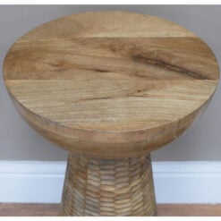 Boho Rustic Light Solid Mango Wood Abstract Sculptural Carved Round Mushroom Shaped Side End Table 56cm