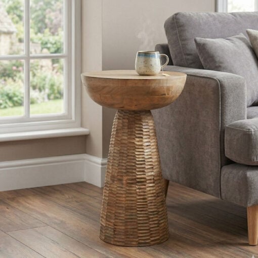 Boho Rustic Light Solid Mango Wood Abstract Sculptural Carved Round Mushroom Shaped Side End Table 56cm