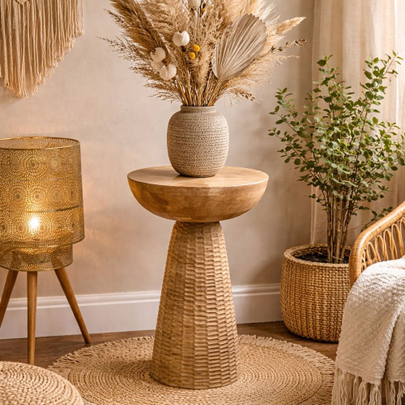 Boho Rustic Light Solid Mango Wood Abstract Sculptural Carved Round Mushroom Shaped Side End Table 56cm Boho Rustic Light Solid Mango Wood Abstract Sculptural Carved Round Mushroom Shaped Side End Table 56cm