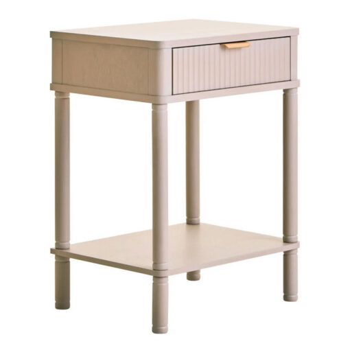 Boho Rustic Light Taupe Pine Wood 1 Drawer 2 Tier Bedside Cabinet Side Table With Carved Reed Detail And Gold Metal Handle