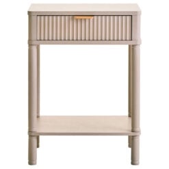 Boho Rustic Light Taupe Pine Wood 1 Drawer 2 Tier Bedside Cabinet Side Table With Carved Reed Detail And Gold Metal Handle