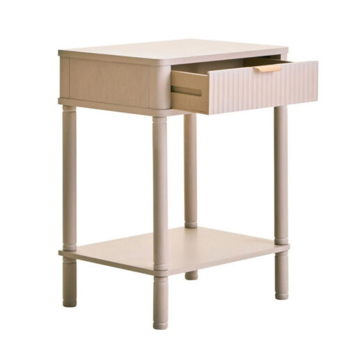 Boho Rustic Light Taupe Pine Wood 1 Drawer 2 Tier Bedside Cabinet Side Table With Carved Reed Detail And Gold Metal Handle