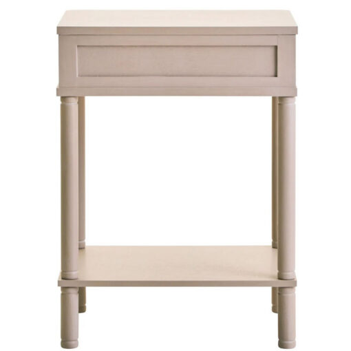 Boho Rustic Light Taupe Pine Wood 1 Drawer 2 Tier Bedside Cabinet Side Table With Carved Reed Detail And Gold Metal Handle