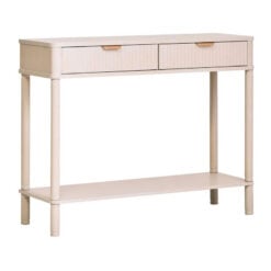 Boho Rustic Light Taupe Pine Wood 2 Drawer 2 Tier Slim Console Table With Carved Reed Detail And Gold Metal Handles