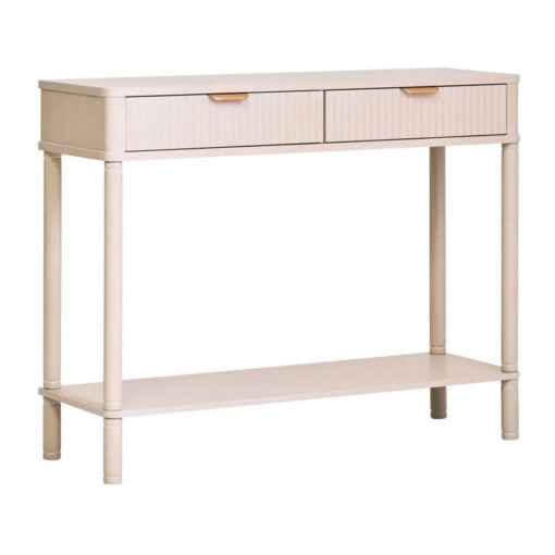Boho Rustic Light Taupe Pine Wood 2 Drawer 2 Tier Slim Console Table With Carved Reed Detail And Gold Metal Handles