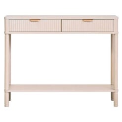 Boho Rustic Light Taupe Pine Wood 2 Drawer 2 Tier Slim Console Table With Carved Reed Detail And Gold Metal Handles