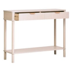 Boho Rustic Light Taupe Pine Wood 2 Drawer 2 Tier Slim Console Table With Carved Reed Detail And Gold Metal Handles