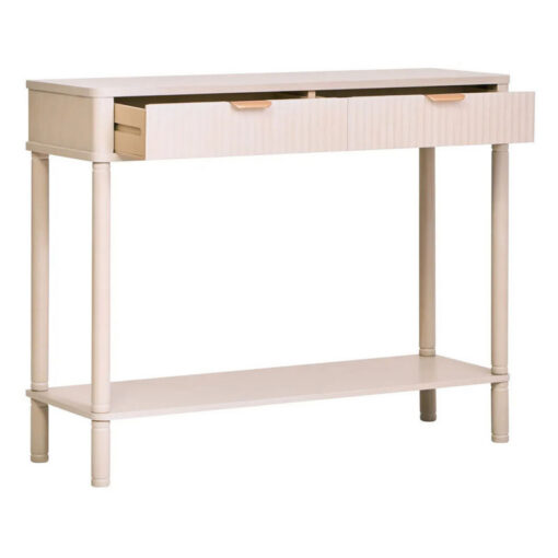 Boho Rustic Light Taupe Pine Wood 2 Drawer 2 Tier Slim Console Table With Carved Reed Detail And Gold Metal Handles