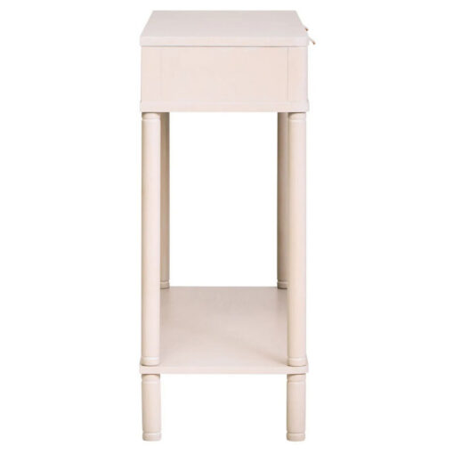 Boho Rustic Light Taupe Pine Wood 2 Drawer 2 Tier Slim Console Table With Carved Reed Detail And Gold Metal Handles