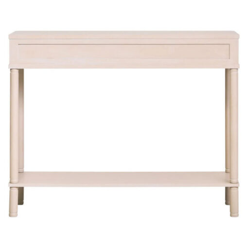 Boho Rustic Light Taupe Pine Wood 2 Drawer 2 Tier Slim Console Table With Carved Reed Detail And Gold Metal Handles