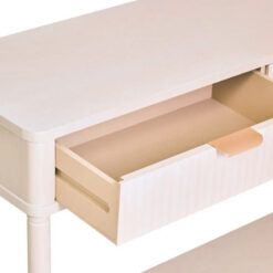 Boho Rustic Light Taupe Pine Wood 2 Drawer 2 Tier Slim Console Table With Carved Reed Detail And Gold Metal Handles