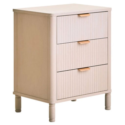 Boho Rustic Light Taupe Pine Wood 3 Drawer Bedside Cabinet Side Table With Carved Reed Detail And Gold Metal Handles