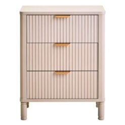 Boho Rustic Light Taupe Pine Wood 3 Drawer Bedside Cabinet Side Table With Carved Reed Detail And Gold Metal Handles
