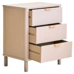 Boho Rustic Light Taupe Pine Wood 3 Drawer Bedside Cabinet Side Table With Carved Reed Detail And Gold Metal Handles