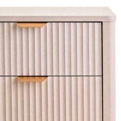 Boho Rustic Light Taupe Pine Wood 3 Drawer Bedside Cabinet Side Table With Carved Reed Detail And Gold Metal Handles