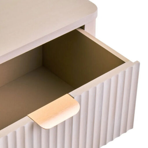 Boho Rustic Light Taupe Pine Wood 3 Drawer Bedside Cabinet Side Table With Carved Reed Detail And Gold Metal Handles