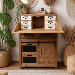 Boho Rustic Multi Drawer 1 Sliding Door Solid Light Fir Wood Apothecary Cabinet 106cm