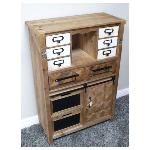 Boho Rustic Multi Drawer 1 Sliding Door Solid Light Fir Wood Apothecary Cabinet 106cm