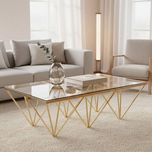 Gold Metal And Clear Glass Prism Spike Design Rectangle Coffee Table 120cm