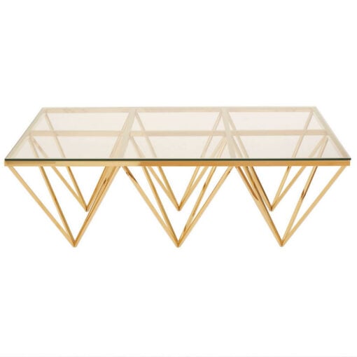 Gold Metal And Clear Glass Prism Spike Design Rectangle Coffee Table 120cm