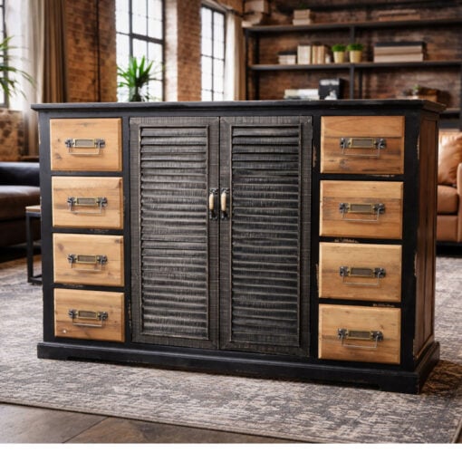 Industrial Black And Natural Solid Fir Wood Multi Drawer 2 Shutter Door Sideboard 120cm