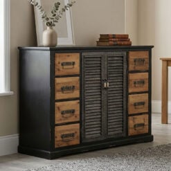 Industrial Black And Natural Solid Fir Wood Multi Drawer 2 Shutter Door Sideboard 120cm