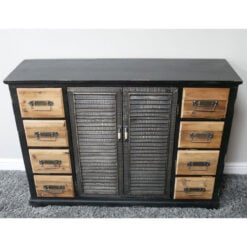 Industrial Black And Natural Solid Fir Wood Multi Drawer 2 Shutter Door Sideboard 120cm