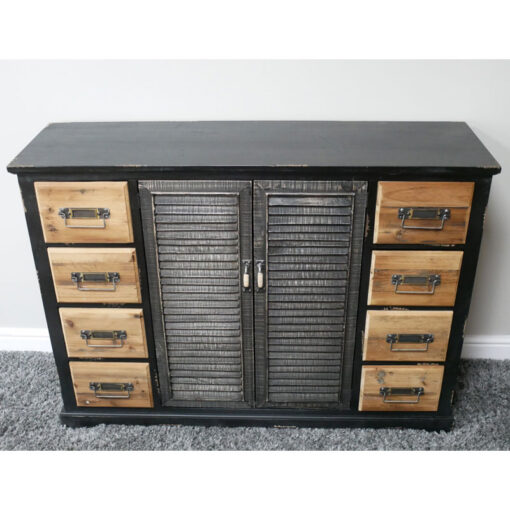 Industrial Black And Natural Solid Fir Wood Multi Drawer 2 Shutter Door Sideboard 120cm