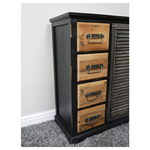 Industrial Black And Natural Solid Fir Wood Multi Drawer 2 Shutter Door Sideboard 120cm