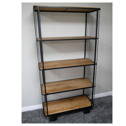 Industrial Cage Style Black Metal And Solid Light Fir Wood 5 Tier Large Shelving Display Unit Bookcase With Wheels 185cm