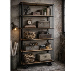 Industrial Cage Style Black Metal And Solid Light Fir Wood 5 Tier Large Shelving Display Unit Bookcase With Wheels 185cm