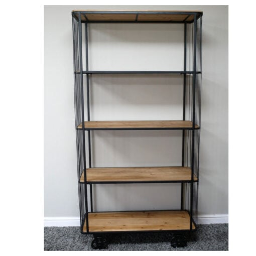 Industrial Cage Style Black Metal And Solid Light Fir Wood 5 Tier Large Shelving Display Unit Bookcase With Wheels 185cm