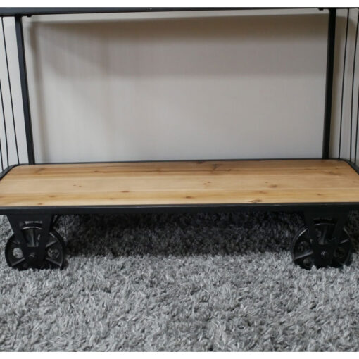 Industrial Cage Style Black Metal And Solid Light Fir Wood 5 Tier Large Shelving Display Unit Bookcase With Wheels 185cm