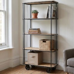 Industrial Cage Style Black Metal And Solid Light Fir Wood 5 Tier Large Shelving Display Unit Bookcase With Wheels 185cm