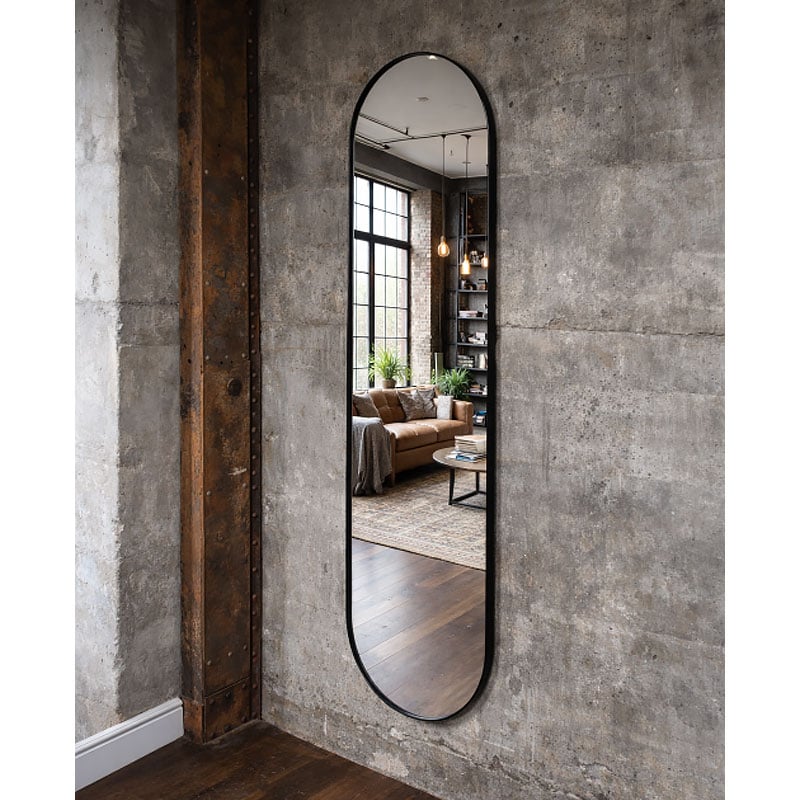 Industrial Extra Long Oval Wall Mounted Multi Way Black Metal Edged Full Length Mirror 181cm Industrial Extra Long Oval Wall Mounted Multi Way Black Metal Edged Full Length Mirror 181cm