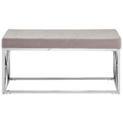 Mink Beige Velvet Upholstered Silver Stainless Steel Chrome Metal Bench 97cm