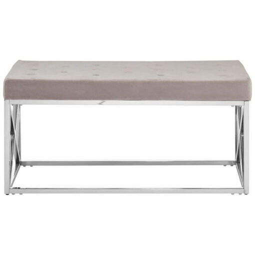 Mink Beige Velvet Upholstered Silver Stainless Steel Chrome Metal Bench 97cm