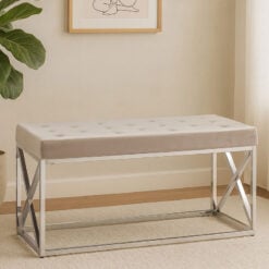 Mink Beige Velvet Upholstered Silver Stainless Steel Chrome Metal Bench 97cm