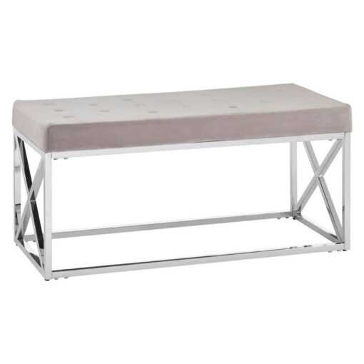 Mink Beige Velvet Upholstered Silver Stainless Steel Chrome Metal Bench 97cm