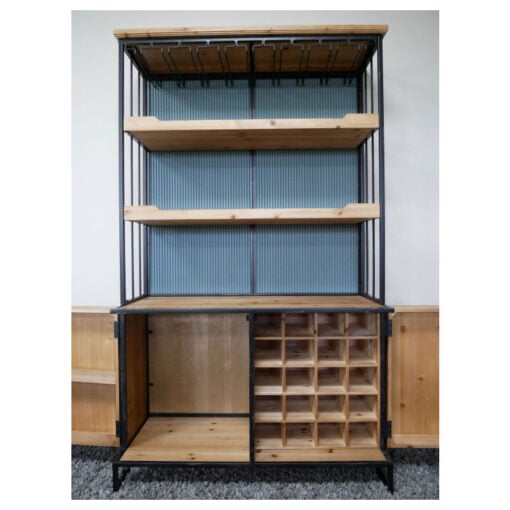 Rustic 2 Parquet Doors 3 Open Shelves Black Metal And Solid Light Fir Wood Drinks Bar Cabinet 160cm