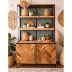 Rustic 2 Parquet Doors 3 Open Shelves Black Metal And Solid Light Fir Wood Drinks Bar Cabinet 160cm