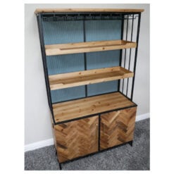 Rustic 2 Parquet Doors 3 Open Shelves Black Metal And Solid Light Fir Wood Drinks Bar Cabinet 160cm