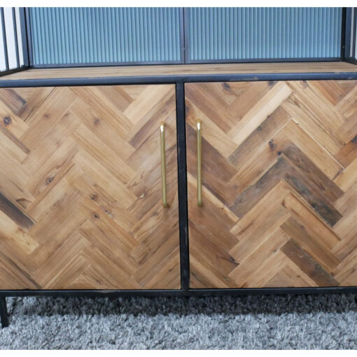 Rustic 2 Parquet Doors 3 Open Shelves Black Metal And Solid Light Fir Wood Drinks Bar Cabinet 160cm