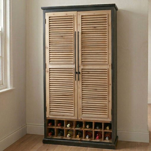 Rustic 2 Shutter Door Solid Black And Light Fir Wood Bar Drinks Cabinet With Open Wine Storage 143cm