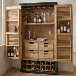 Rustic 2 Shutter Door Solid Black And Light Fir Wood Bar Drinks Cabinet With Open Wine Storage 143cm