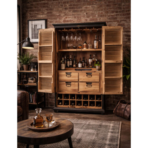 Rustic 2 Shutter Door Solid Black And Light Fir Wood Bar Drinks Cabinet With Open Wine Storage 143cm